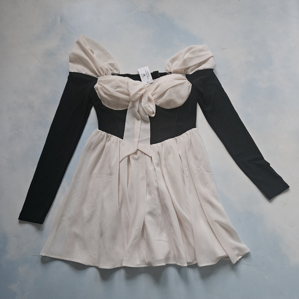 Coquette Black & Cream Off-Shoulder Dress Chiffon Feminine Mini Dress - Picture 3 of 16